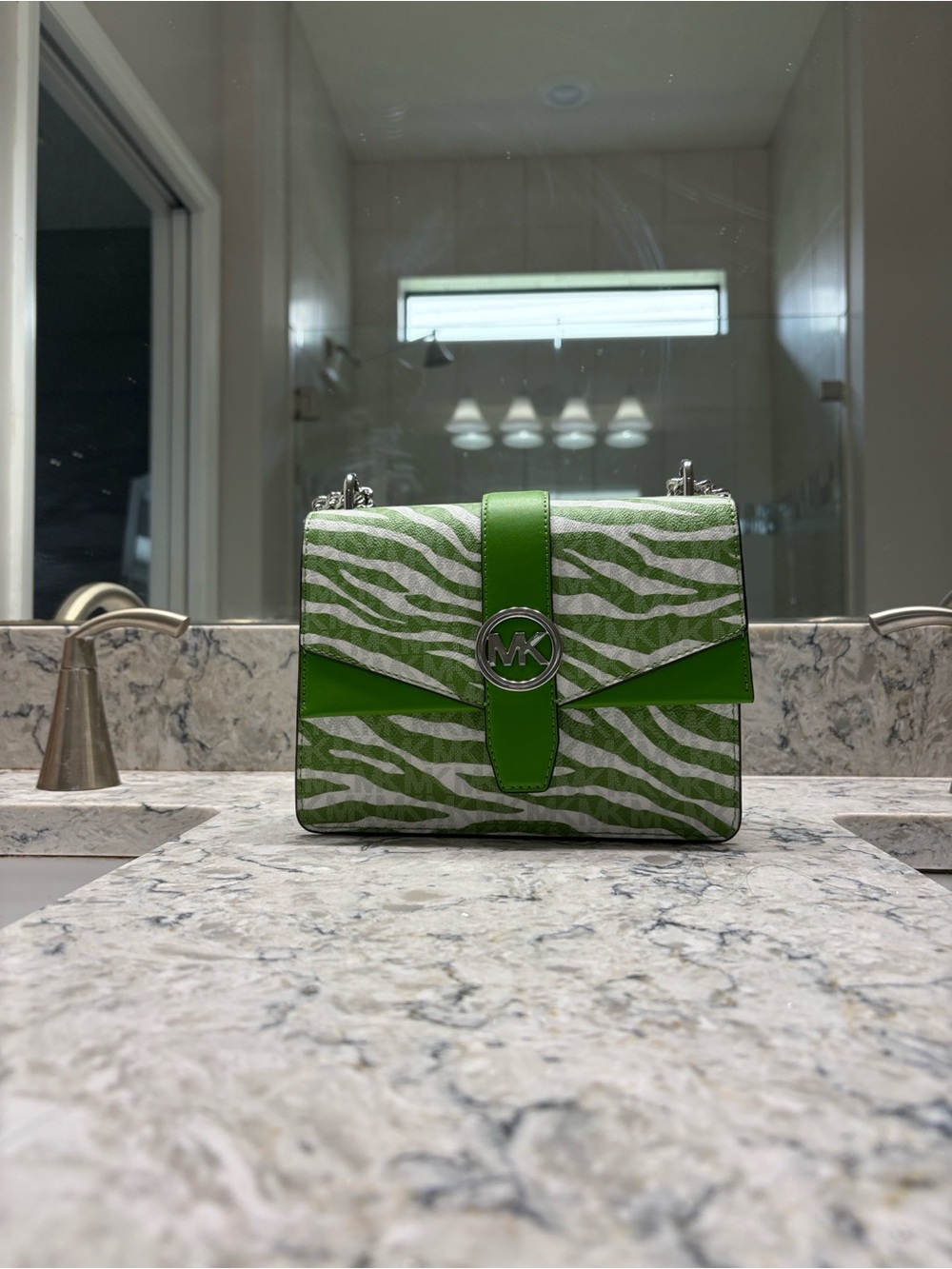 Michael Kors Green and White Zebra-Print Crossbody Bag